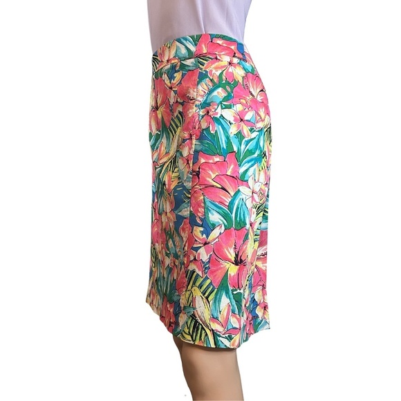 LOFT Cotton Skirt Hibiscus and Birds Colourful Finely Tailored Knee Length - Picture 3 of 11